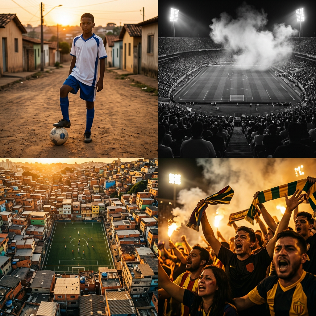 Football culture across the Americas — street pitch at sunset, packed stadium, muddy boots, goalkeeper diving
